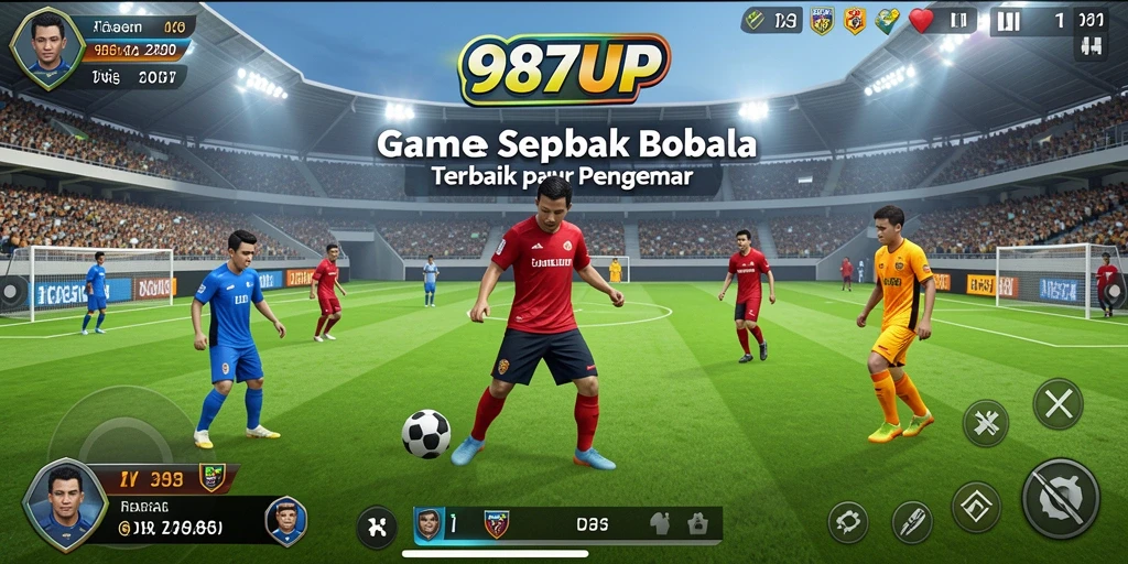 Screenshot 987UP menampilkan aksi seru di lapangan sepak bola.
