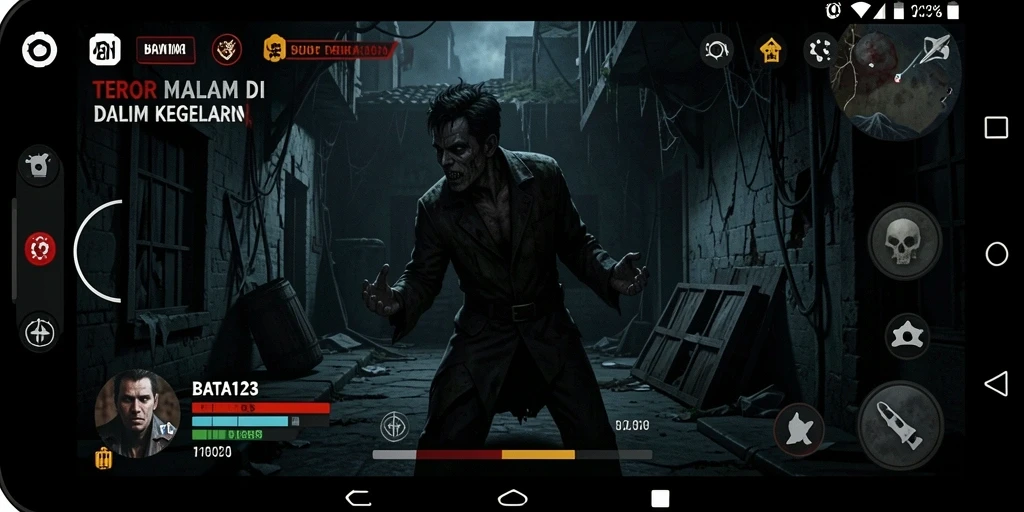 Tangkapan layar BATA123 menampilkan gameplay menyeramkan di lingkungan gelap.