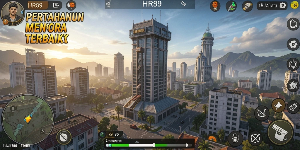Tampilan gameplay HR89 di mana menara berdiri melawan gelombang musuh.