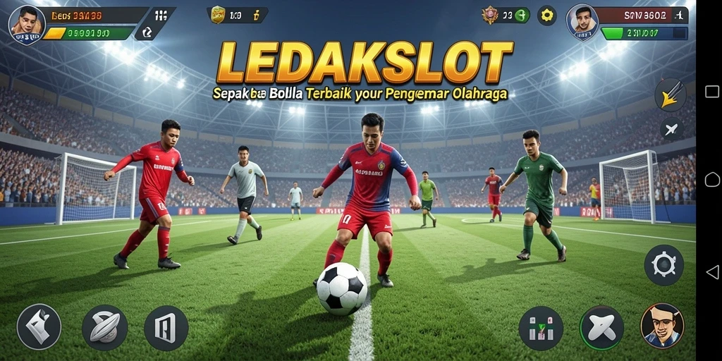 Tampilan gameplay seru dalam LEDAKSLOT yang menampilkan aksi sepak bola.
