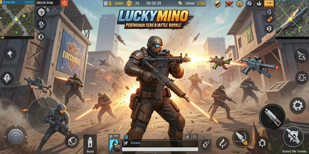 Tangkapan layar utama LUCKYMINO menampilkan aksi seru di arena Battle Royale.
