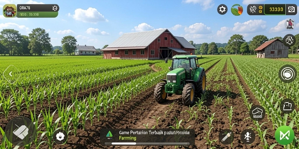 Tampilan gameplay ORA78 dengan kebun dan ternak yang indah.