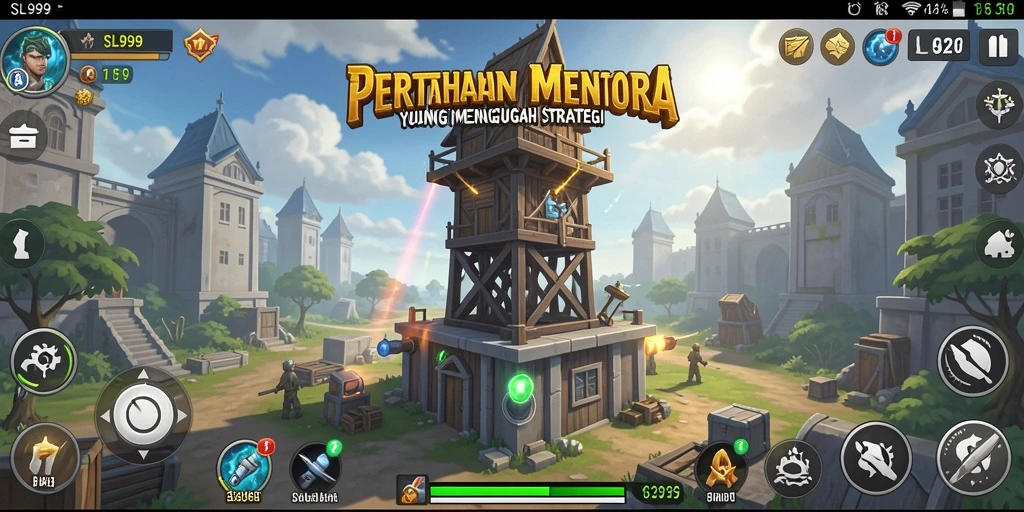 Tangkapan layar utama SL999 menampilkan adegan gameplay Tower Defense yang intens.